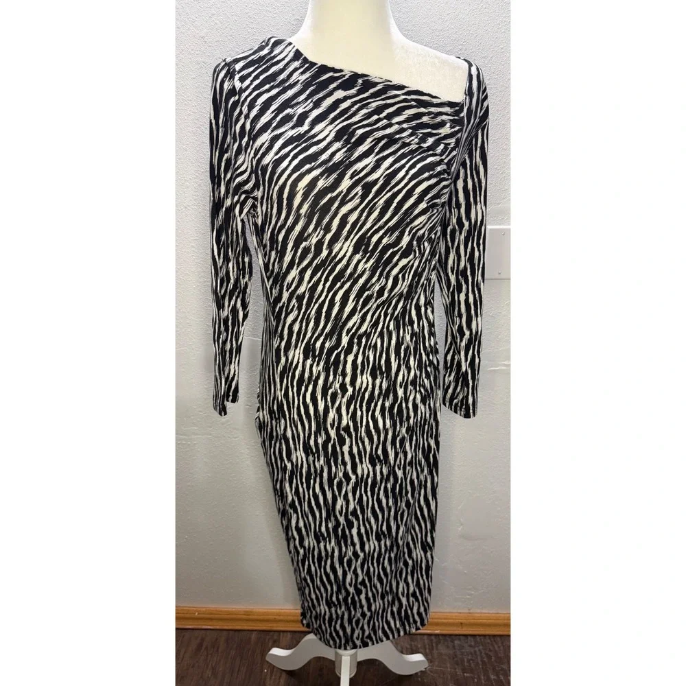 Pendleton Womens Black White Zebra Print Asymmetrical Neck Sheath Dress L